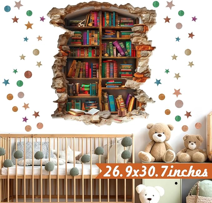 Vintage Read Book Wall Stickers 3D Broken Wall Library Decal Peel and Stick | Reading room art murals, read sign, removable vinyl wallpaper, bookshelf bookcase decoration, for school classroom home decor - Image 6