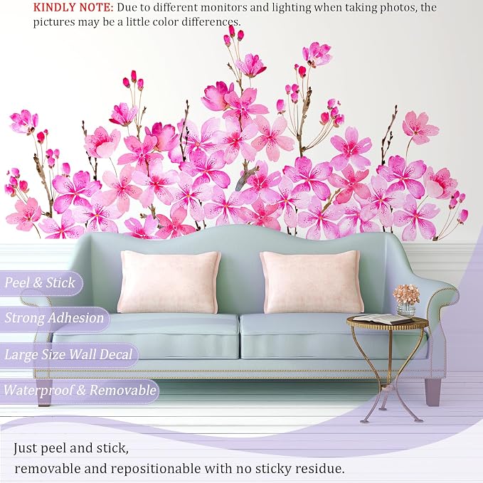 Cherry Blossom Flowers Wall Decals Peel and Stick, Large Floral Vinyl Wall Stickers, Removable Vine Home Decor Art for Bedroom Living Room Classroom Office - Image 3
