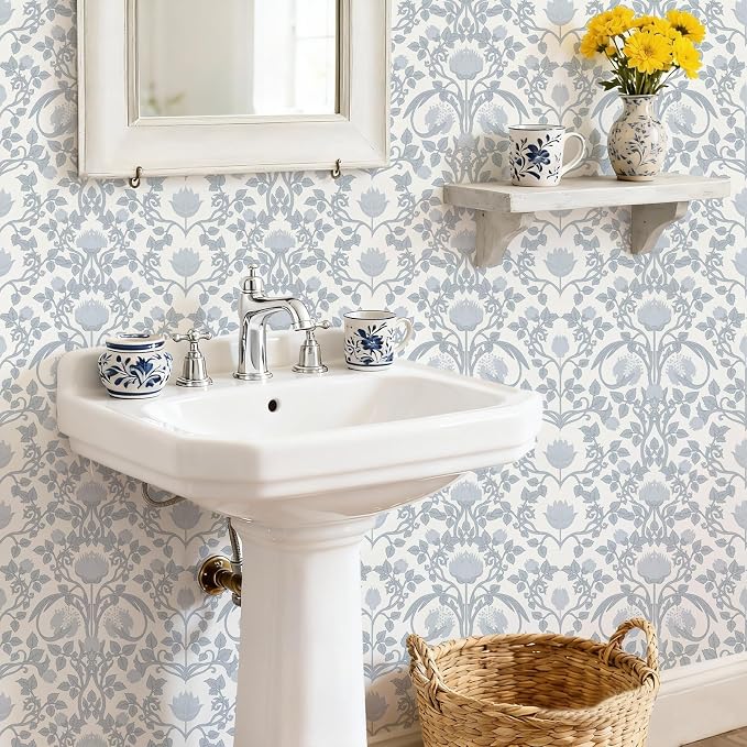 YXTII 17.3"×236.2" Blue Floral Peel and Stick Wallpaper, Damask Boho Wall Paper Vintage Wallpaper for Bedroom Bathroom Self Adhesive Removable - Image 6