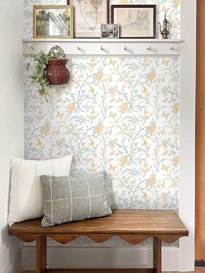 Yellow Wallpaper Floral Peel and Stick Wallpaper Boho Light Blue and Yellow Wall Paper Bird Botanical Contact Paper for Cabinets Renter Friendly Self-Adhesive Bathroom Bedroom 78.7"×17.3" - Image 8