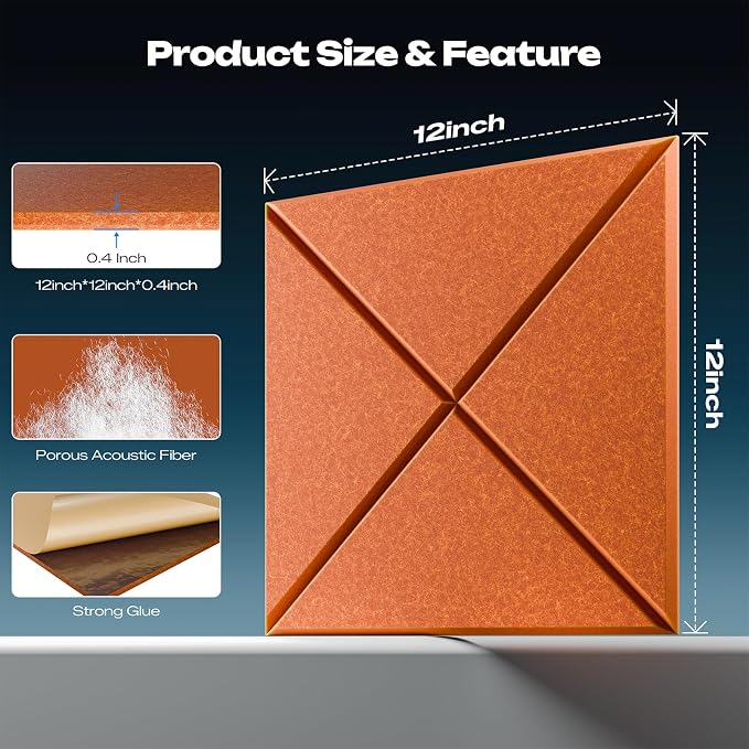 Sonicism 22 Pack X-Lined Acoustic Panels with Self-Adhesive, 12"X 12"X 0.4" Sound Proof Foam Panels, Decorative Soundproof Wall Panels, Sound Absorbing Tile for Home & Offices, Orange - Image 2