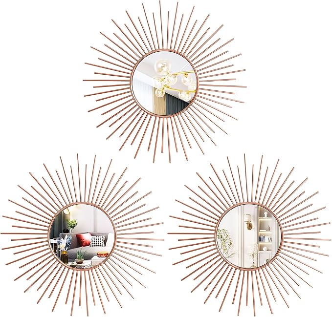 3 Pack Metal Mirrors for Wall Sunburst Wall Mirrors Home Décor Decorative Hanging Wall Art for Living Room Bedroom Entryway (Rose Gold2, Sunburst) by Uaussi