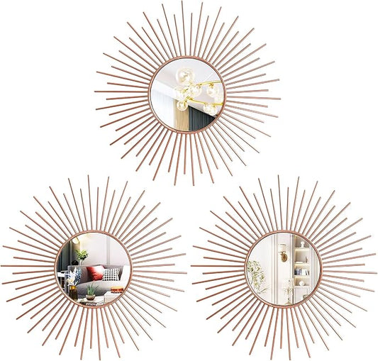 3 Pack Metal Mirrors for Wall Sunburst Wall Mirrors Home Décor Decorative Hanging Wall Art for Living Room Bedroom Entryway (Rose Gold2, Sunburst) by Uaussi