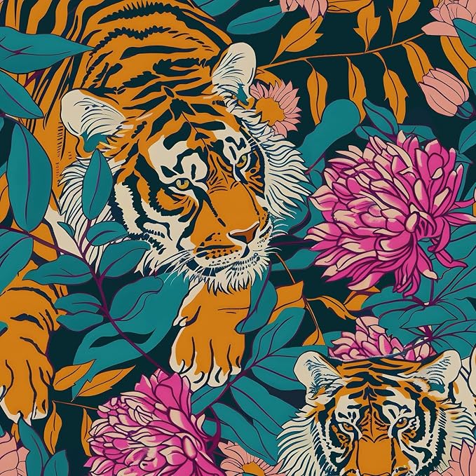 BOKEBEVE Tiger Floral Wallpaper Peel and Stick Vintage Orange 17.5 x 787In | Super Long Removable Renter Friendly Jungle Tiger Wall Paper for Bedroom Bathroom Living Room Feature Accent Wall by BOKEBEVE