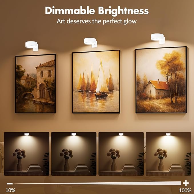 Picture Lights for Wall, Wireless Poster Lights Battery Operated, White | LED Magnetic Painting Light with Remote Dimmable, Timer＆3 Lighting Modes, Art Display Puck Light for Frame Portrait, 3 Pack - Image 4