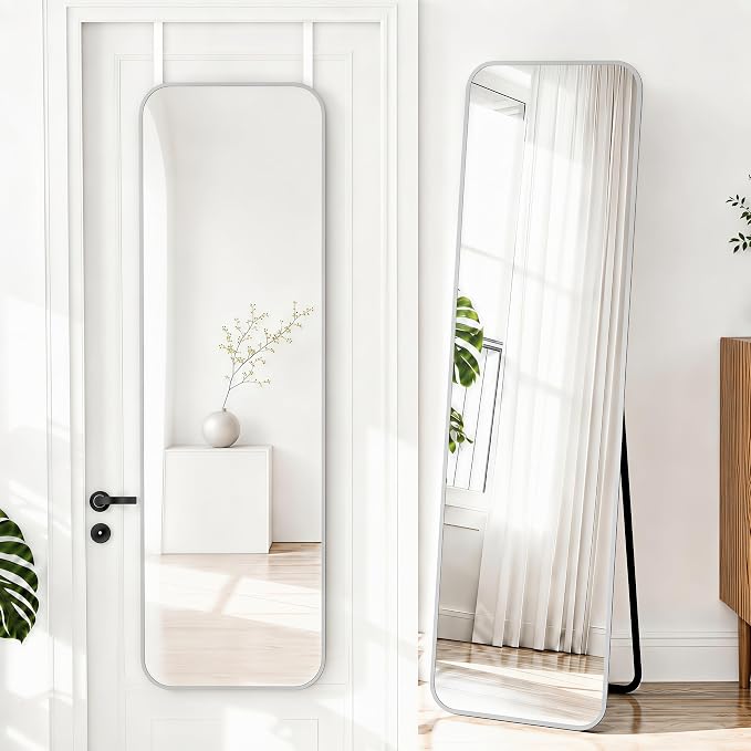 NARCISSUS Full Length Mirror 57x16 Inch, Over The Door Mirror with Stand, Wall Mounted or Freestanding/Door Hanging Full Body, Aluminum Alloy Frame, Silver by NARCISSUSMIRROR