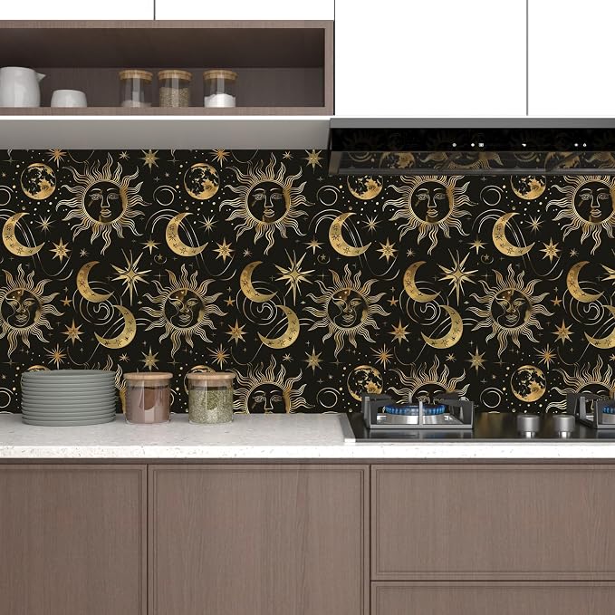 Laatse Celestial Sun Moon Wallpaper Peel and Stick 17.5"x 118",Black/Golden | Self Adhesive/Removable/Waterproof/Thick Vinyl Contact Paper for Bathroom Bedroom Shelf Cabinet Drawer,Prepasted,Easy Peel - Image 3