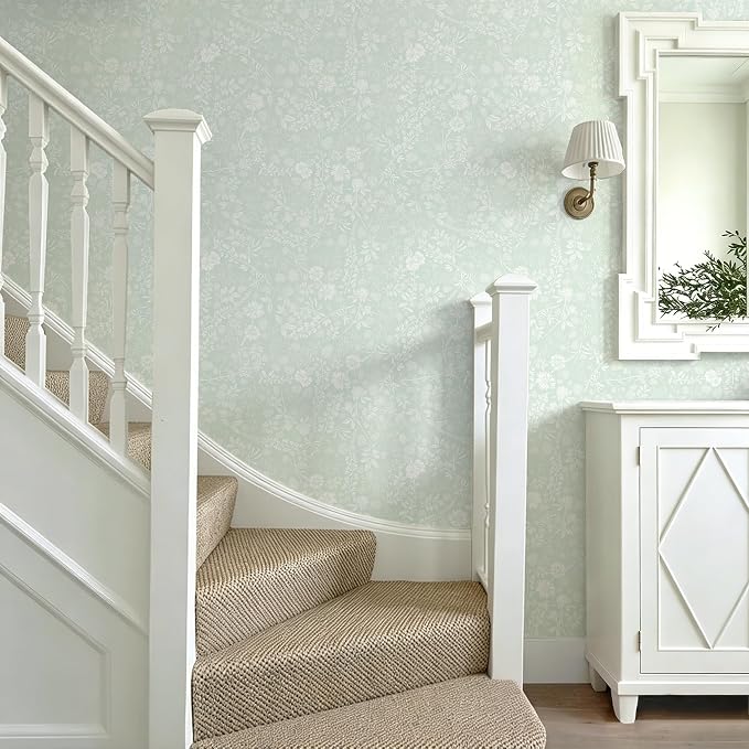 Guvana Sage Green and White Peel and Stick Wallpaper Floral Wallpaper Slef Adhesive Removable Waterproof Contact Paper Boho Wall Paper for Living Room Bathroom Bedroom Kitchen 17.3“×197” - Image 8