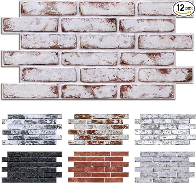 Commomy Faux Brick 3D Wall Panels,Thin UrltraLight PVC 12 pcs | 22.8" x 11.8" Peel and Stick Tile Whitewash & Red Brick Textured for Kitchen,Bedroom, Living Room（Covers 22.48 sq.ft） by CommomyDecor