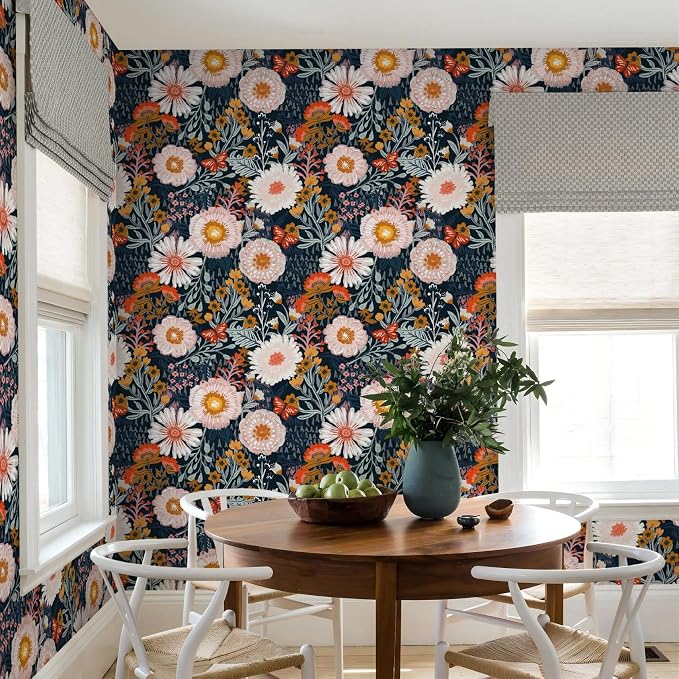 Dimoon Boho Wallpaper Peel and Stick Wallpaper Floral Retro Contact Paper 17.3''x362'' Dark Blue Vintage Bohemian Removable Wall Paper Renter Friendly Waterproof Wall Mural for Bedroom Bathroom Vinyl - Image 4