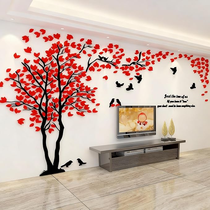 Family Tree Wall Decor Decals - DIY 3D Tree of Life Wall Art Large Decal Stickers Silver Decor Living Room Mural for Bedroom Hallway Home TV Background (Red Left,M-98X51in) by guangmu