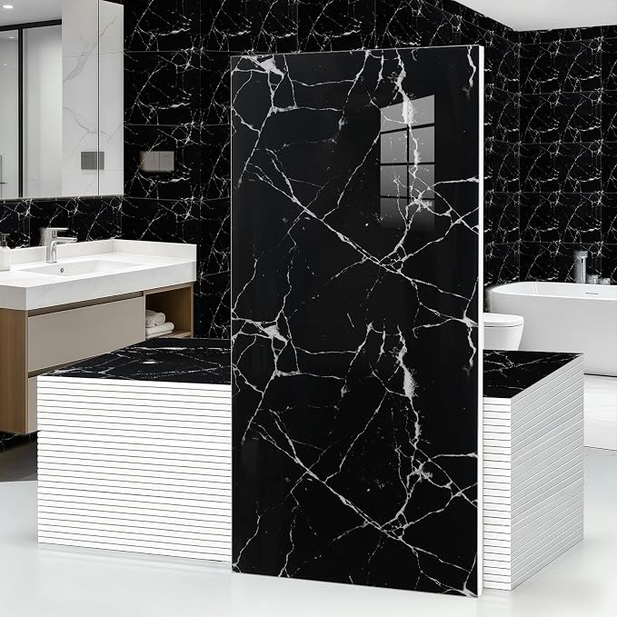 30Pcs Black Marble Wall Panels 23.6"X11.8" PVC Waterproof Tiles Peel and Stick Wall Panels Self Adhesive Backsplash Tiles for Kitchen Living Rooms TV Walls Bathroom Rv Camper Van (Not Real Tile) by GRITHOME