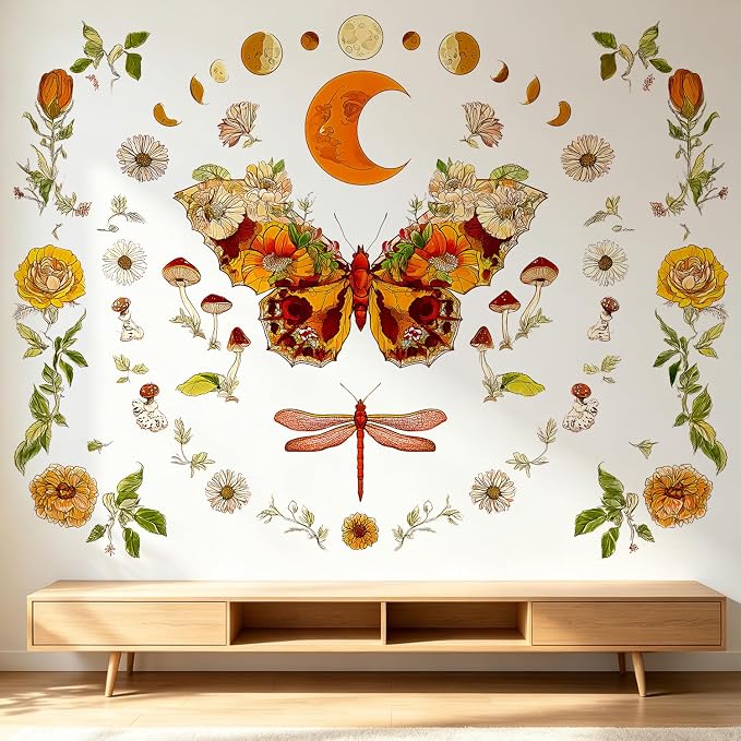 Vintage Moth Moon Phase Mushroom Floral Flower Boho Wall Decals Decor Art | Vintage boho earth tone wildflowers peel and stick removable vinyl wall stickers for living room bedroom office - Image 5