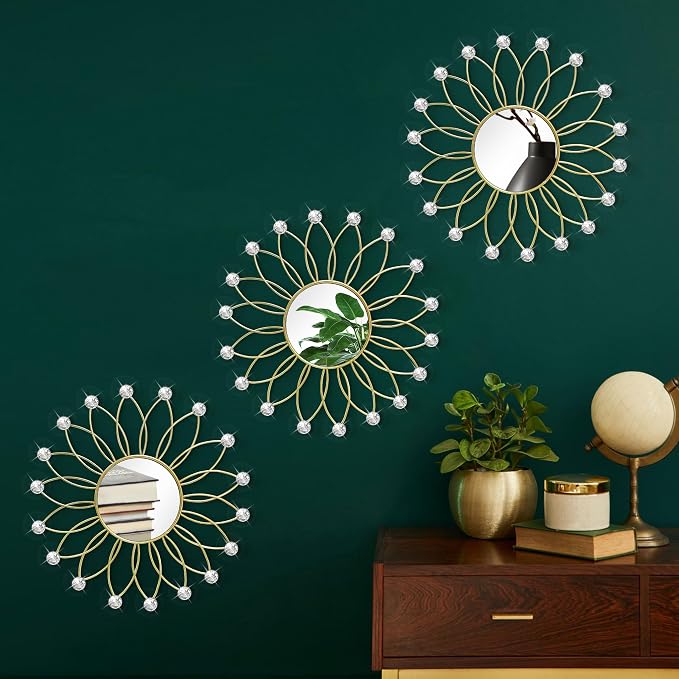 3 Pack Metal Mirrors for Wall Sunburst Wall Mirrors Home Décor Decorative Hanging Wall Art for Living Room Bedroom Entryway (Gold2 Crystal, Flowers) - Image 4