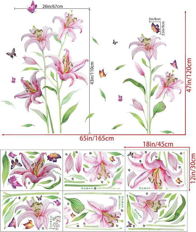 Pink Lily Flowers Wall Sticker Lifelike Romantic Lilys Floral Wall Decals Color Butterfly Green Stem Leaves Removable Art Decor for Home Living Room Girls Bedroom Playroom Bathroom Nursery - Image 6