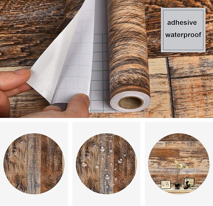 WENMER 17.71" x 394" Brown Wood Peel and Stick Wallpaper Shiplap Self Adhesive Wall Paper Wood Plank Wallpaper for Countertop Cabinet Shelf Drawer Wall Door - Image 5