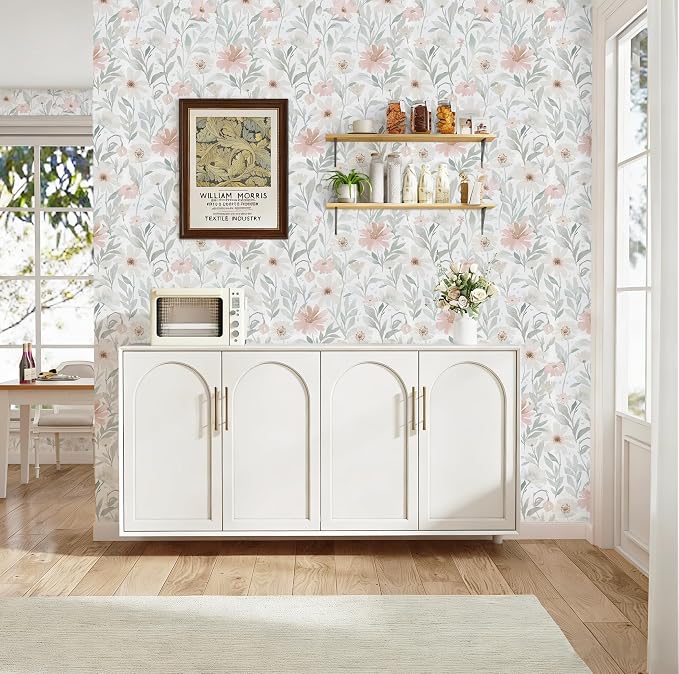 Peel and Stick Wallpaper Pink and Green Floral Wall Paper French Country Vintage Contact Paper Neutral Botanical Self Adhesive Removable Wallpaper for Kitchen Living Room Bathroom Bedroom 17.3" × 197" - Image 3