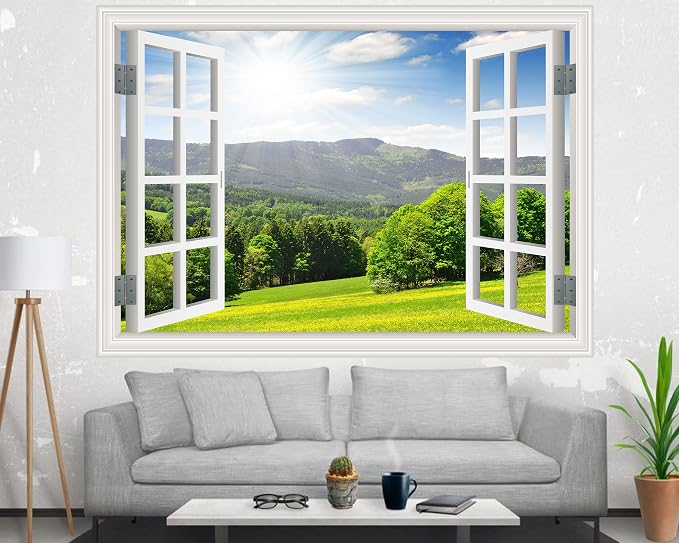 FLFK Fake Window Wall Sticker - Landscape Faux Window Wall Mural for Wall Decor, Stick and Peel Wall Decals,80"x60",Set of 5 Sheets - Image 2