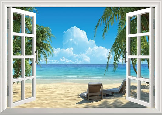 ‌Lmyhome Fake Window Wall Mural Summer Blue Sky White Beach (16"x24") | Peel and Stick Faux Window Wall Sticker Decal Poster for Bedroom Home Decor by LmyhomeMuralsWallpaper