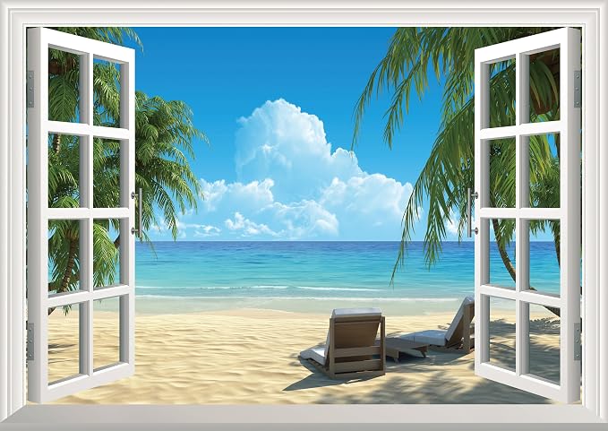 Fake Window Wall Mural Summer Blue Sky White Beach (48"x32") | Peel and Stick Faux Window Wall Sticker Decal Poster for Bedroom Home Decor by LmyhomeMuralsWallpaper
