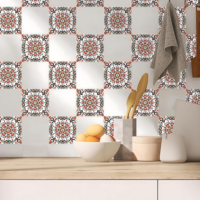 Wall Tiles Peel and Stick Waterproof - 24 Pcs (6x6 Inch) Wall Stickers Backsplash Decals for Kitchen, Bathroom, Removable Self-Adhesive Vinyl Art with Bohemian Patterns - Image 3