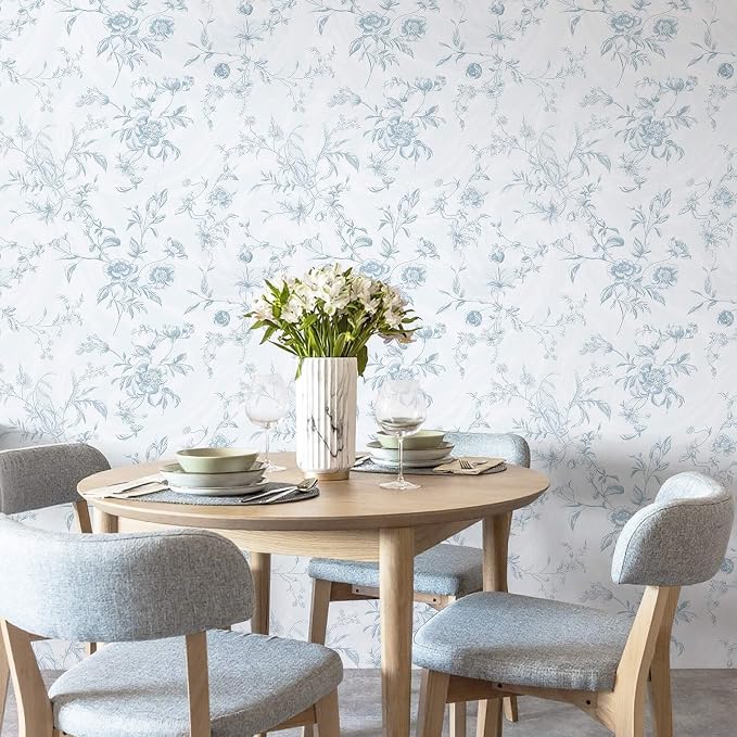 Ismoon Blue Wallpaper Peel and Stick Floral Vintage Stick on Wall Paper French Textured Contact Paper for Cabinet Removable Self Adhesive Wallpaper Vinyl Roll Shelf Deco, 17.3x196in - Image 5