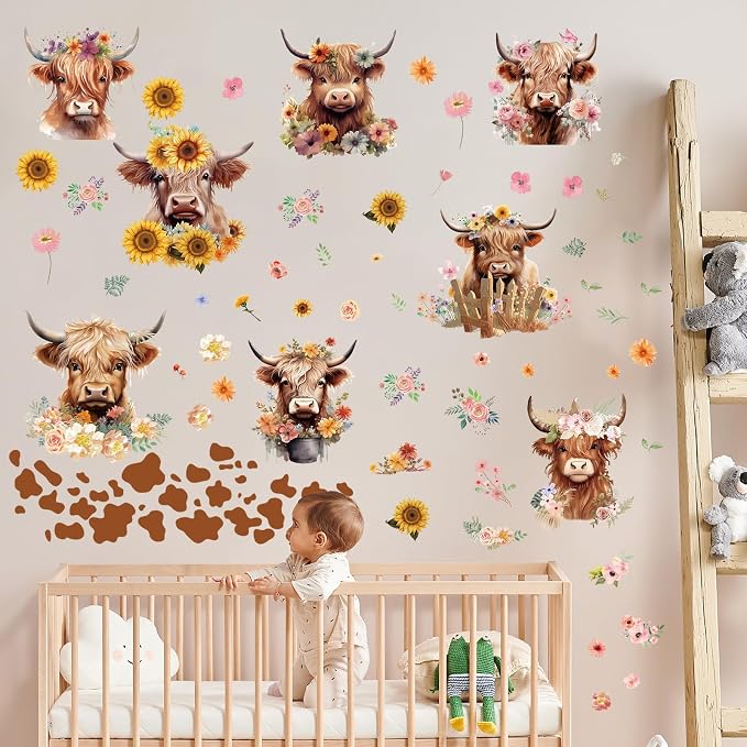 Wxiben Highland Cow Wall Decals, Cow Print Room Wall Murals Decor | Wall Stickers Decor, Removable, Peel and Stick, for Bedroom Nursery Playroom Bathroom Living Room Wall Decor - Image 6