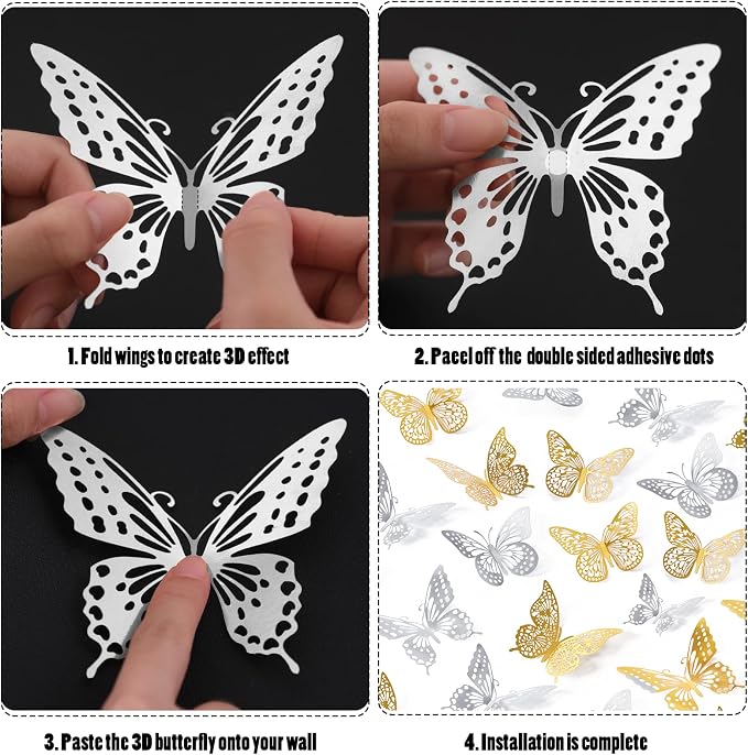 SAOROPEB 3D Butterfly Wall Decor 48 Pcs 4 Styles 3 Sizes, Butterfly Birthday Decorations Party Decorations Cake Decorations Wedding Decor, Removable Stickers (Gold, Silver) | 4 Styles 3 Sizes, Party Decorations Birthday Cake Decorations Wedding Decor, ... - Image 7