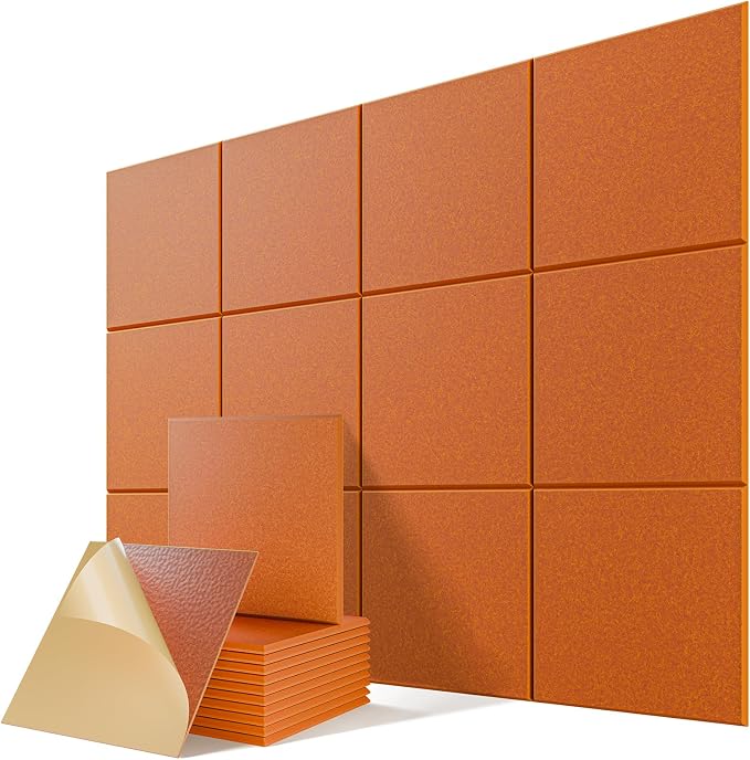 12 Pack Self-Adhesive Acoustic Panels, 12" X 12" X 0.4" High-Density Sound Proof Foam Panels for Walls, Soundproof Wall Panels for Home & Office (Orange) by Lebenforce