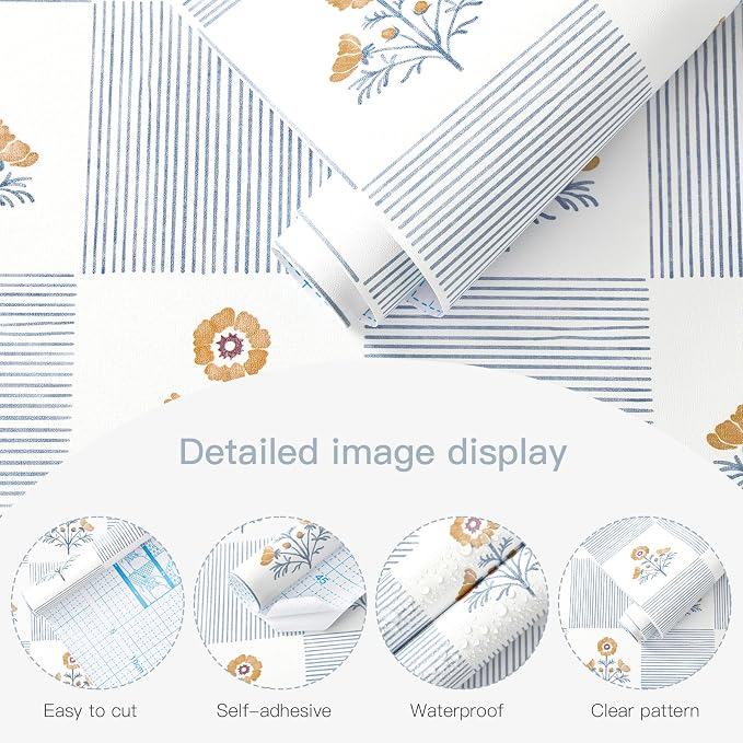 Guvana Blue Floral Peel and Stick Wallpaper Boho Contact Paper Vintage Floral Self-Adhesive Removable Waterproof Wallpaper Renter Friendly 394"×17.3" for Bedroom Livingroom Hallway Cabinets Drawer - Image 5