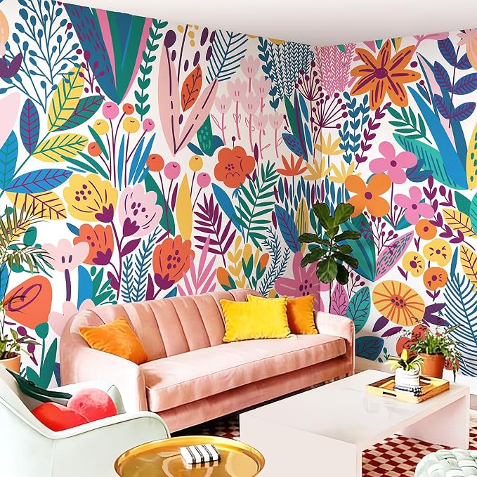 Colorful Floral Peel and Stick Wall Mural for Living Room | Extra Wide Urban Funky Wallpaper, Removable Leather Textured & Water-Resistant, Open Floor Plan, Salon Hotel Gallery by Flortlias
