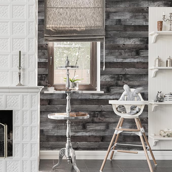 Vintage Wood Peel and Stick Wallpaper 17.3"×80" Grey/Black Rustic Wood Contact Paper Removable Wallpaper Realistic Faux Wood Wall Paper Self Adhesive Shiplap for Cabinet Shelf Wall - Image 4