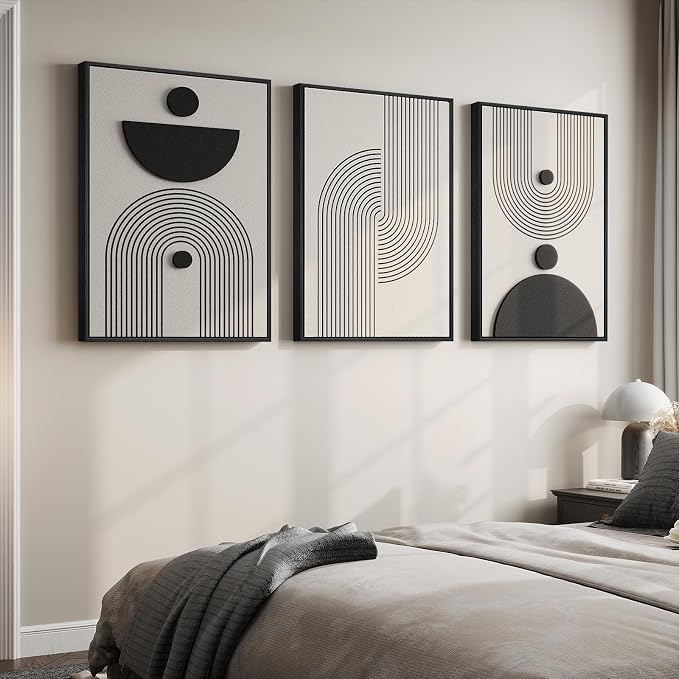 3D Large Framed Black and White Abstract Wall Art for Living Room, 3 Piece | Wood Frames, Sandstone Textured Paintings, Modern Artwork for Walls, 24x36 In Geometric Pictures Wall Decor Bedroom Office - Image 4