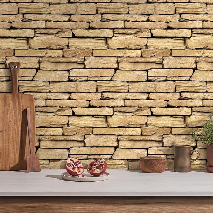 3D Peel and Stick Faux Stone Wall Panels 11.8" x 11.8" 10-Pack | Earthy Yellow, Stone-Look Textured Sticker, Thin Lightweight PVC Self Adhesive Wall Tiles for Interior Decor, Cover 9.7 sq ft - Image 2