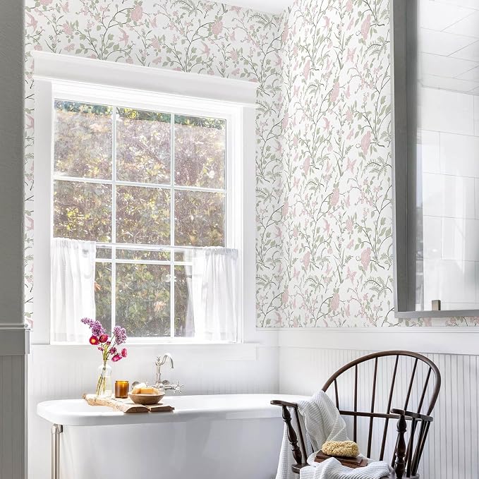 Pink Floral Wallpaper Pink and Green Wallpaper for Nursery Bedroom 78.7"×17.3" Botanical Bird Butterfly Peel and Stick Wall Paper Boho Contact Paper for Cabinets Renter Friendly Self-Adhesive - Image 9