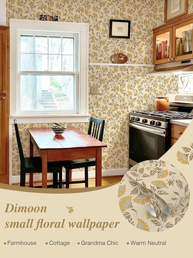 Dimoon Vintage Peel and Stick Wallpaper Floral Contact Paper Farmhouse 78.7×17.3" | Grandma Chic Cute Yellow Flower Wallpaper Renter Friendly Removable Wall Paper for Bathroom Kitchen Vinyl - Image 5