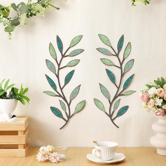 Zhengmy 2 Pcs Metal Leaf Wall Art Vine Branch Decor,Gradient Green | Olive Branch Metal Decor for Living Room Hallway, Symmetrical Leaf Pair for Doorway Entryway, Lightweight Hanging Art Design - Image 3
