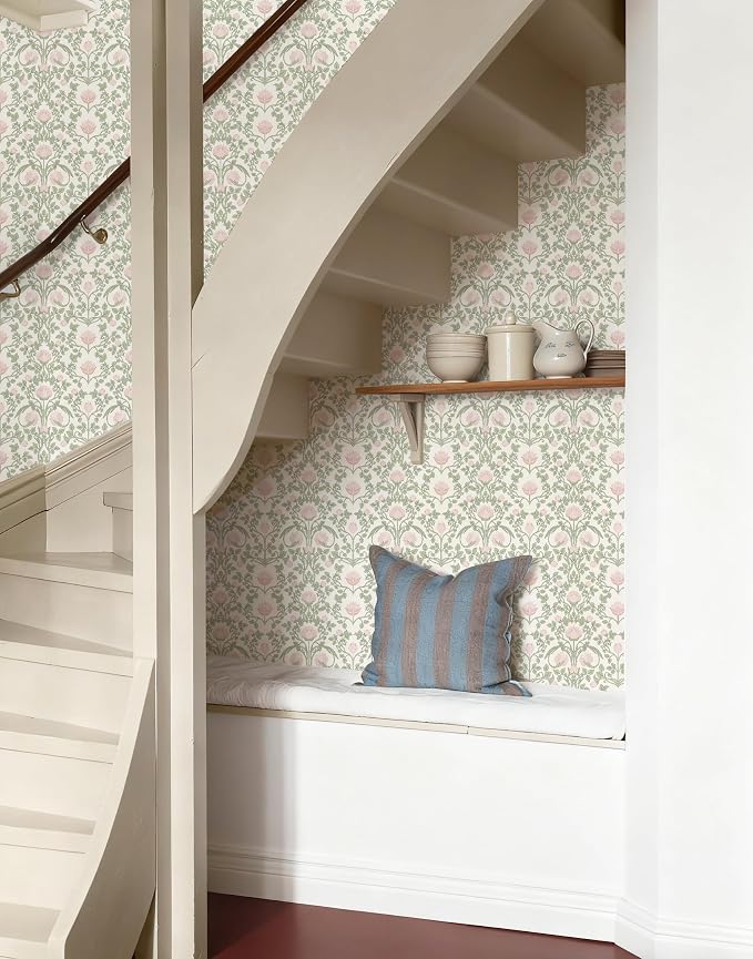 YXTII Floral Wallpaper Peel and Stick - 393.7" × 17.3" Pink and Green Wallpaper for Bedroom Decorative Self Adhesive Shelf Drawer Liner - Image 5