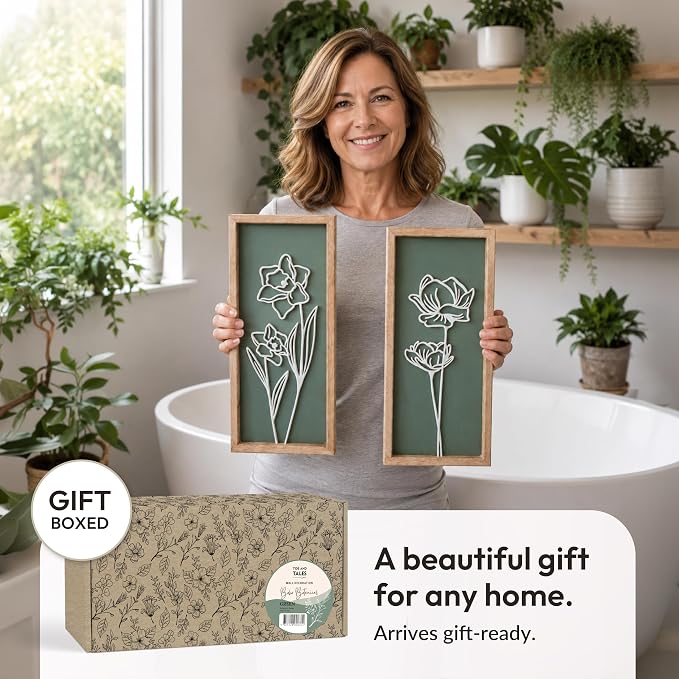 Tide and Tales Floral 3D Green Wall Art, Botanical Wall Decor, Set of 2 | 7" x 16", Lightweight, Framed Ready-to-Hang, Bathroom Wall Decor, Bedroom, Living Room or Office, Boho, Farmhouse, Gift-Boxed - Image 8