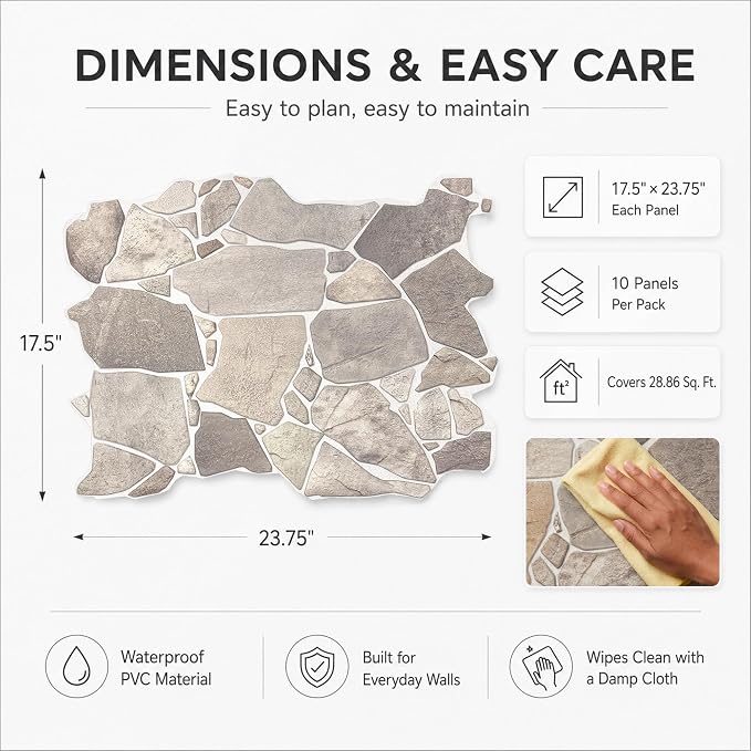 3D Faux Stone Wall Panels, Wild Boulder, Pack of 10, Covers 28.86 Sq Ft | Grey, Beige & Brown, Lightweight PVC, 17.5" x 23.75" (44.5 x 60.3 cm), Decorative Rock Cladding for Accent Wall & Backsplash - Image 3