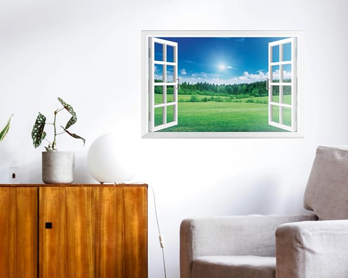 FLFK Fake Window Wall Decal - Grassland Forest Faux Window Wall Mural for Wall Decor, Peel and Stick Wall Sticker,24"x16" - Image 3