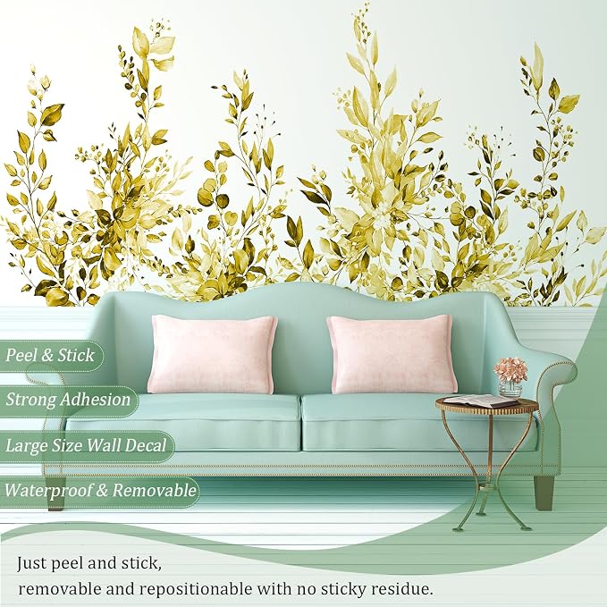 Yellow Plants Leaves Wall Decals Peel and Stick, Large Floral Flowers Vinyl Wall Stickers, Removable Vine Home Decor Art for Bedroom Living Room Classroom Office - Image 3