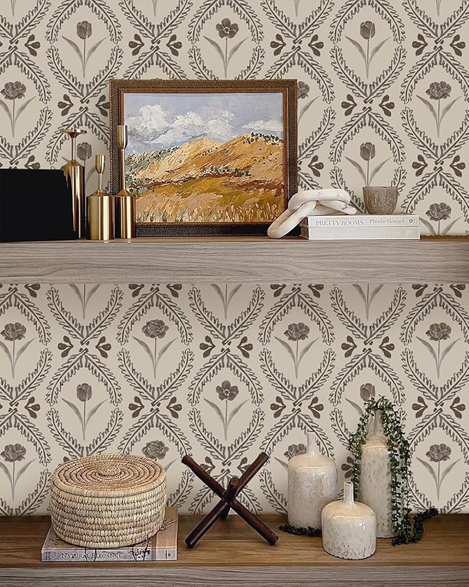 Orainege Vintage Wallpaper Peel and Stick Brown Floral Wallpaper | 16.9in x118.1in Leaf Contact Paper Vinyl Removable Self Adhesive Boho Botanical Wall Paper for Bedroom Shelf Cabinet Decor - Image 4
