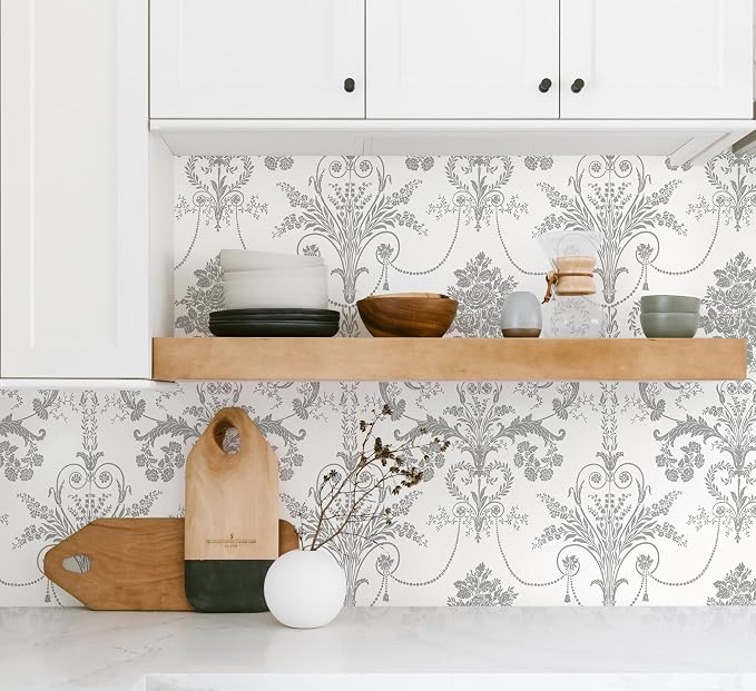 Silver Gray Removable Wallpaper Damascus Floral Peel and Stick Wallpaper | 17.3" X 118" Boho Grey Flower Contact Paper Self Adhesive Wallpaper Damask Floral Decorative Wallpaper for Bedroom Covering - Image 3