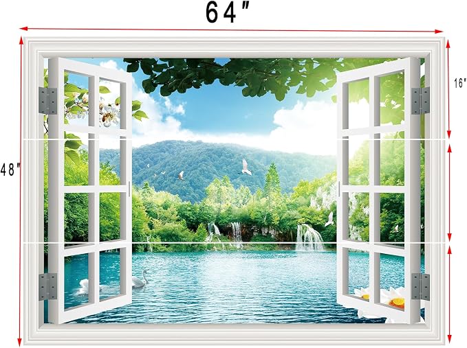 ‌Lmyhome Fake Window Wall Mural Spring Lake Landscape (64"x48") | Peel and Stick Faux Window Wall Sticker Decal Poster for Bedroom Home Decor - Image 4