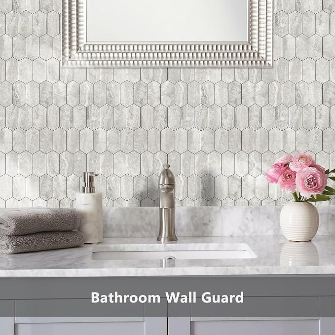 Vamos Tile Long Hexagon Peel and Stick Backsplash Tile - 10 Sheets Stick on Backsplash for Kitchen and Bathroom 12.4 x 12 Inch Beige Slate Look PVC Self Adhesive Mosaic Wall Tiles - Image 6