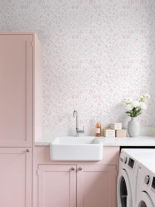 Dimoon Boho Peel and Stick Wallpaper Soft Pink Floral Contact Paper French Flower Wall Paper 362''x17.3'' Textured Self Adhesive Watercolor Damask Stick On Wallpaper for Bedroom Bathroom Decor Vinyl - Image 7