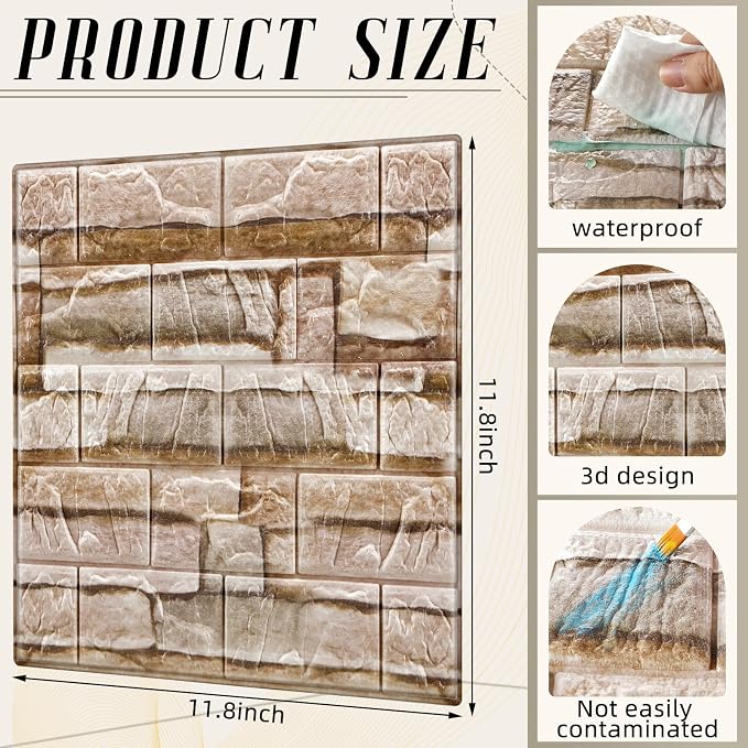 Colarr 60 Pcs 58 Sq ft 3D Wall Panels Peel and Stick Faux Foam 3D Brick Wallpaper Faux Paneling Adhesive Wall Covering Panels Decorative Medieval Tiles Waterproof for Bedroom(Brick Color) - Image 2