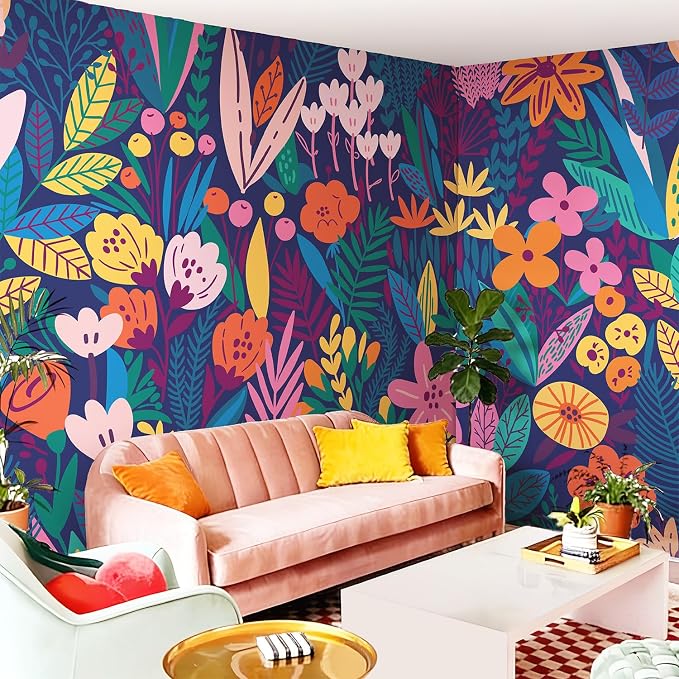 Moody Blue Botanical Peel and Stick Wall Mural for Living Room | Extra Wide Dark Background Floral Wallpaper, Removable Leather Textured & Water-Resistant, Living Room Salon Gallery Home Bar by Flortlias