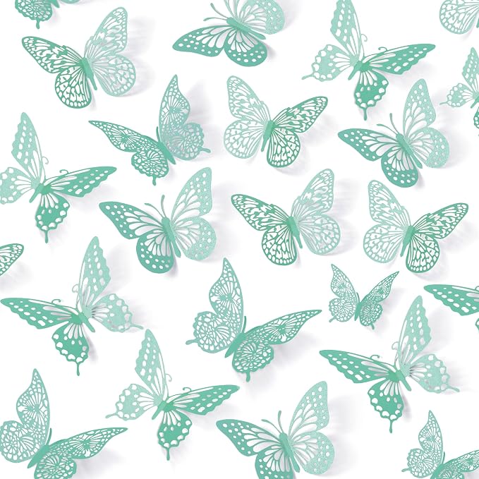 SAOROPEB 3D Butterfly Wall Decor 48 Pcs Pale Turquoise Butterfly Decoration | 4 Styles 3 Sizes, Birthday Decorations&Butterfly Party Decorations&Butterfly Cake Decorations-Removable by SAOROPEB